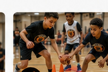 Young athletes completing basketball drills